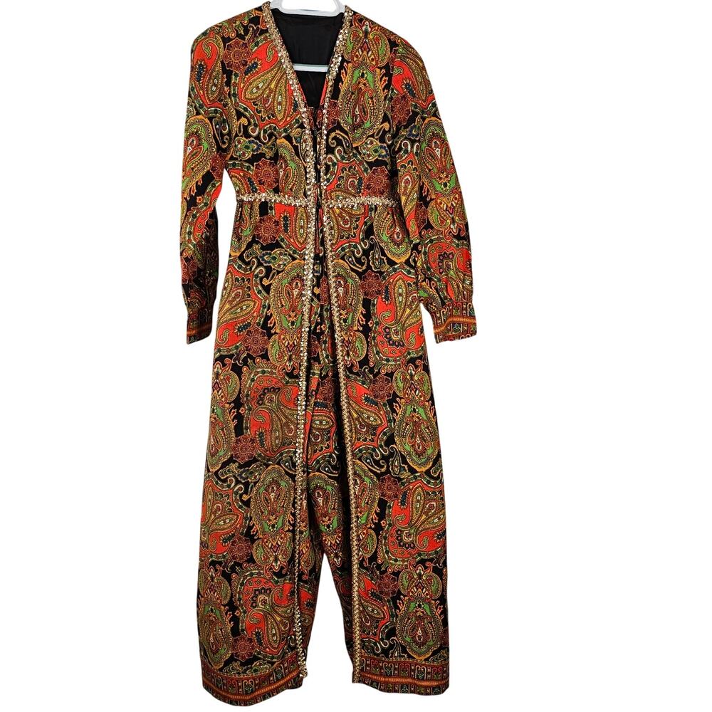 VTG 1970s paisley jumpsuit sequin trim bold mod retro wide legged size 6?